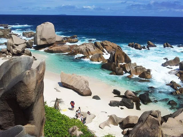 Scenic view of Anse Marron beach with giant granite boulders