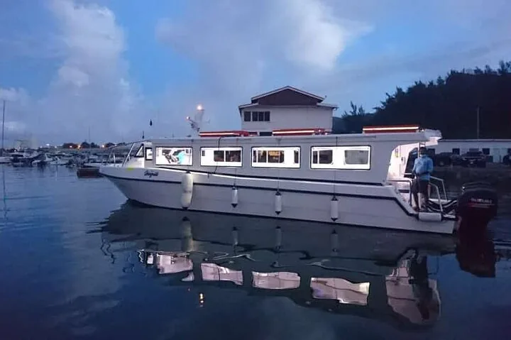 White tour boat named Seagull docked in the harbor at dusk